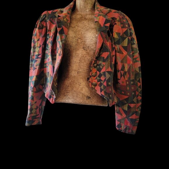 Vintage 90s Geometric Pattern Cropped Blazer Jacket With Statement Buttons - Picture 3 of 11